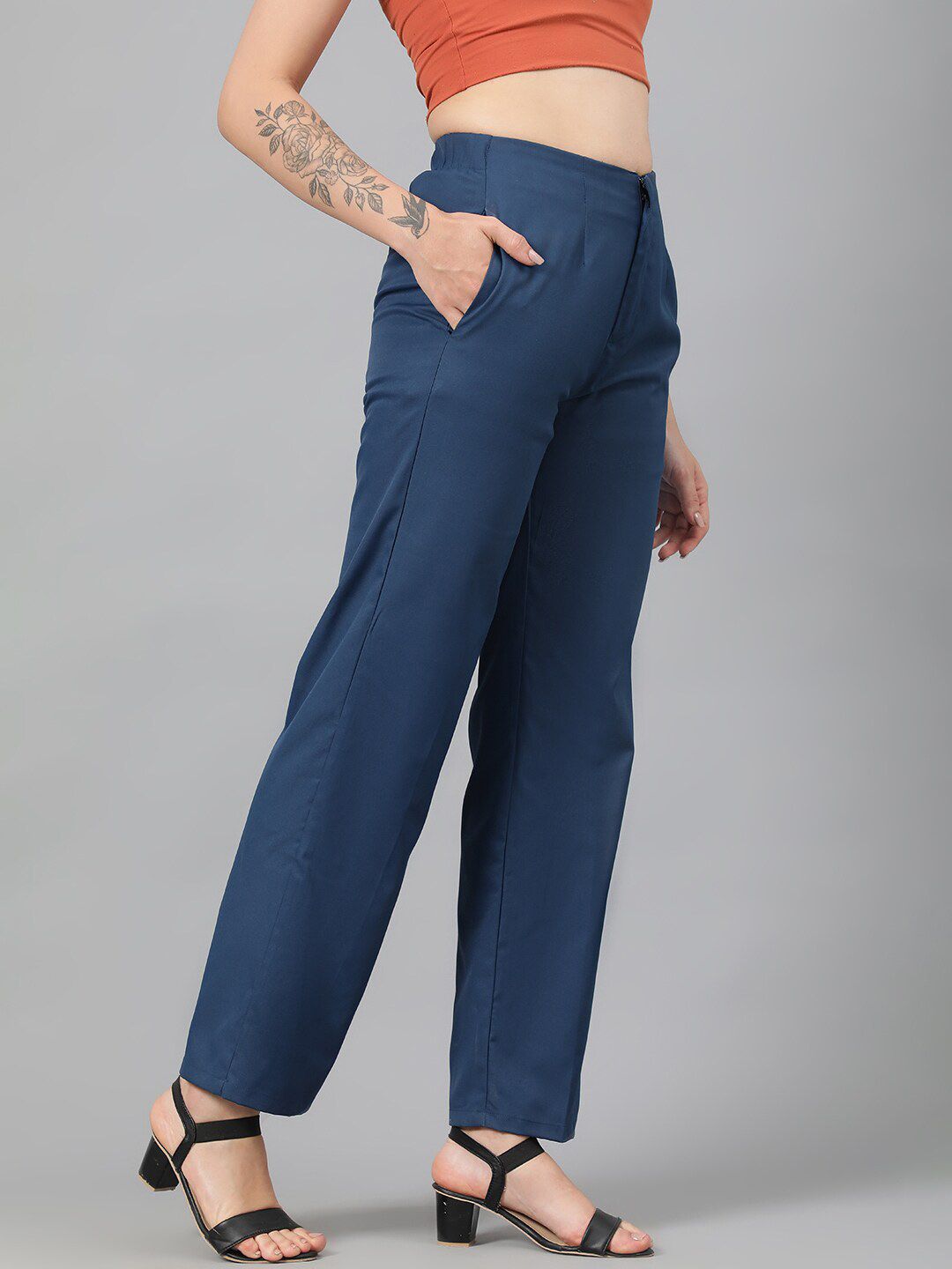 Kotty Women Teal Blue Relaxed Straight Leg Fit High-Rise Easy Wash Trousers