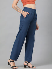 Kotty Women Teal Blue Relaxed Straight Leg Fit High-Rise Easy Wash Trousers