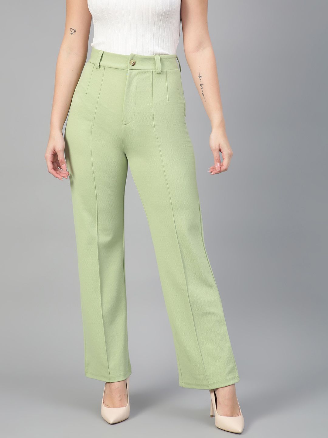 KOTTY BIZwear Women Relaxed Straight Fit High-Rise Easy Wash Pleated Parallel Trousers