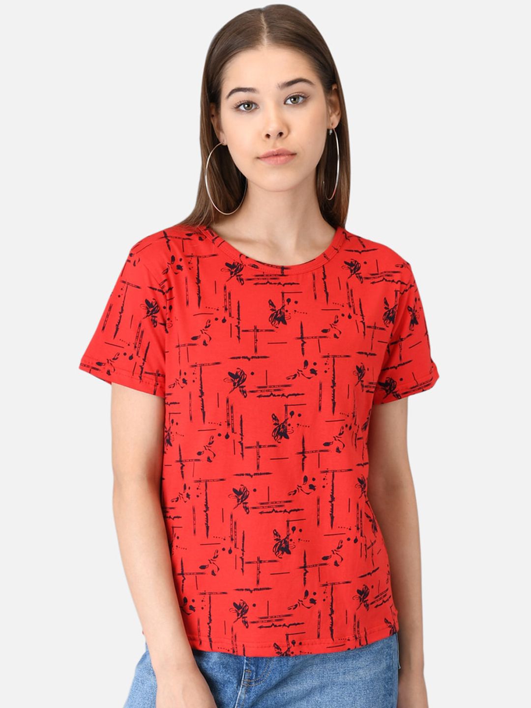 Kotty Women Red Printed Round Neck T-shirt