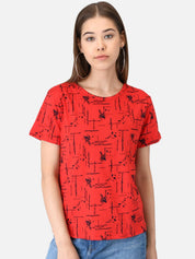 Kotty Women Red Printed Round Neck T-shirt