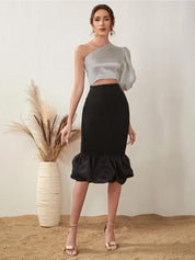 Kotty One Shoulder Puff Sleeve Satin Crop Top