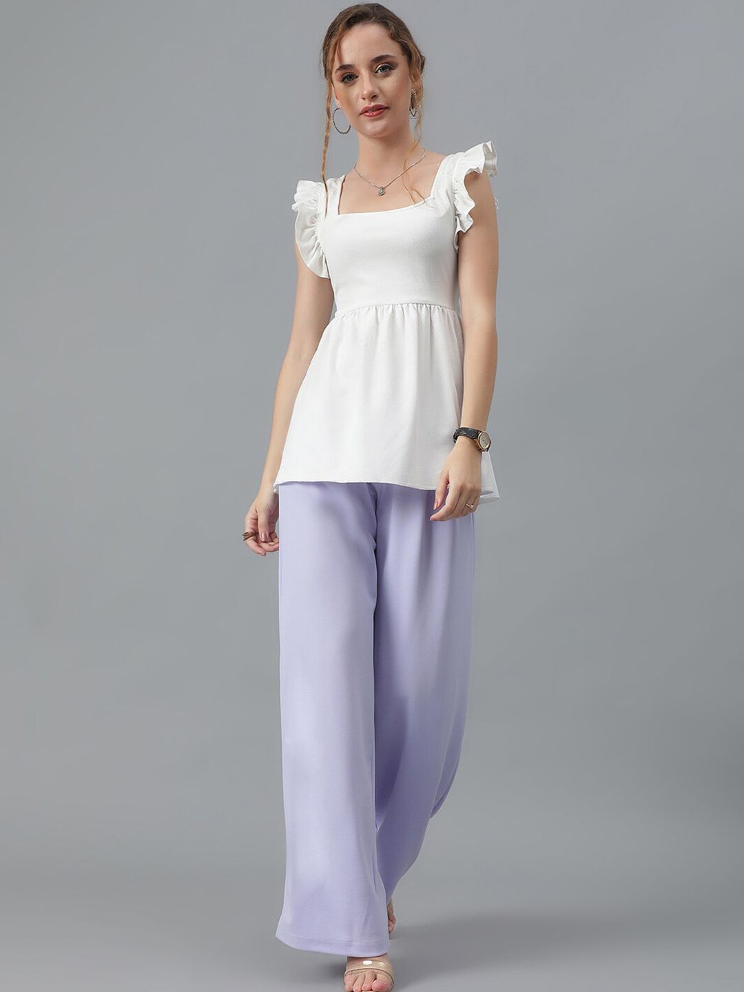 Kotty White Square Neck Flutter Sleeves A-Line Top