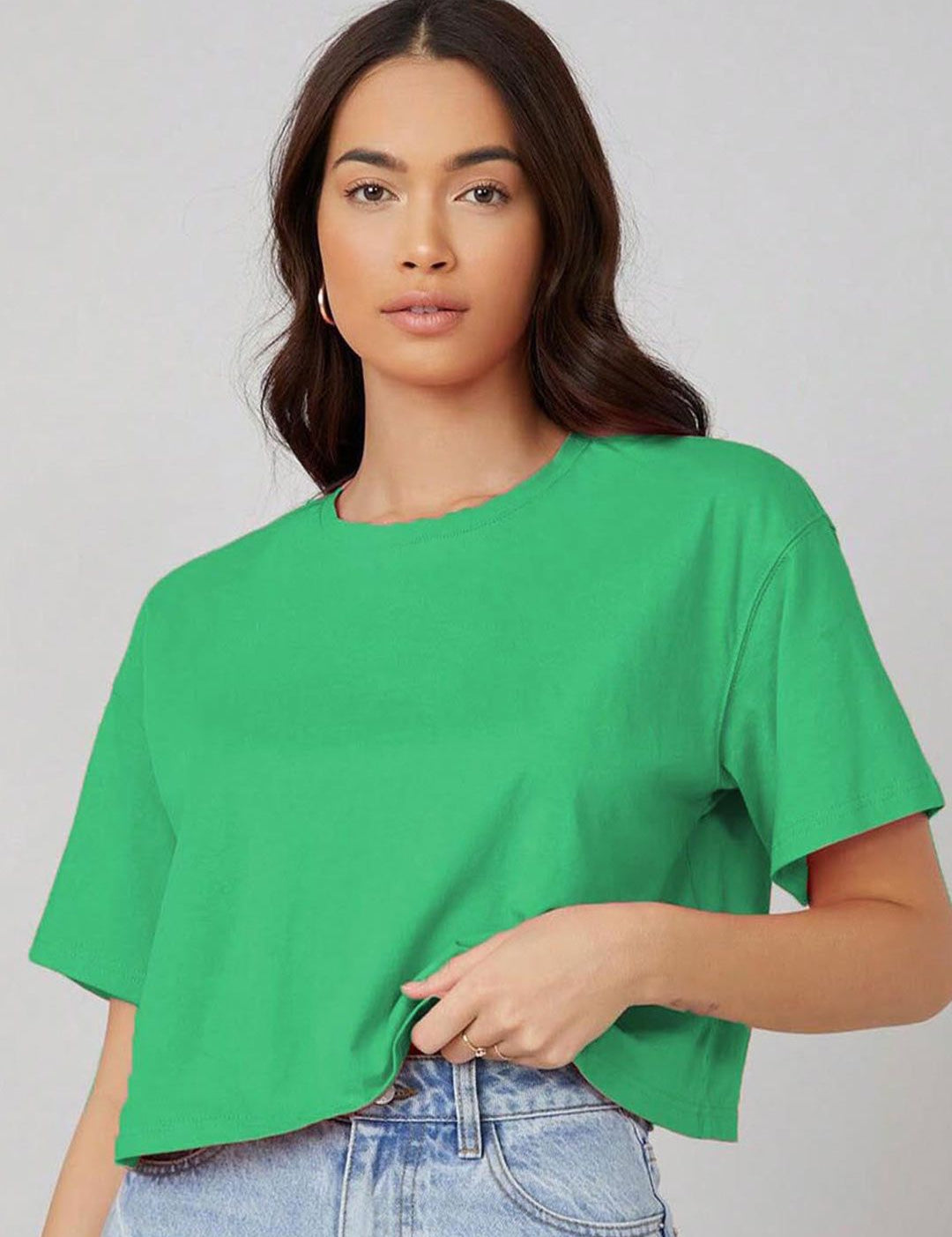 Kotty Yellow Floral Printed Round Neck Drop-Shoulder Sleeves Oversized Crop T-shirt