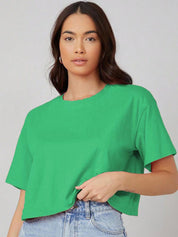 Kotty Yellow Floral Printed Round Neck Drop-Shoulder Sleeves Oversized Crop T-shirt