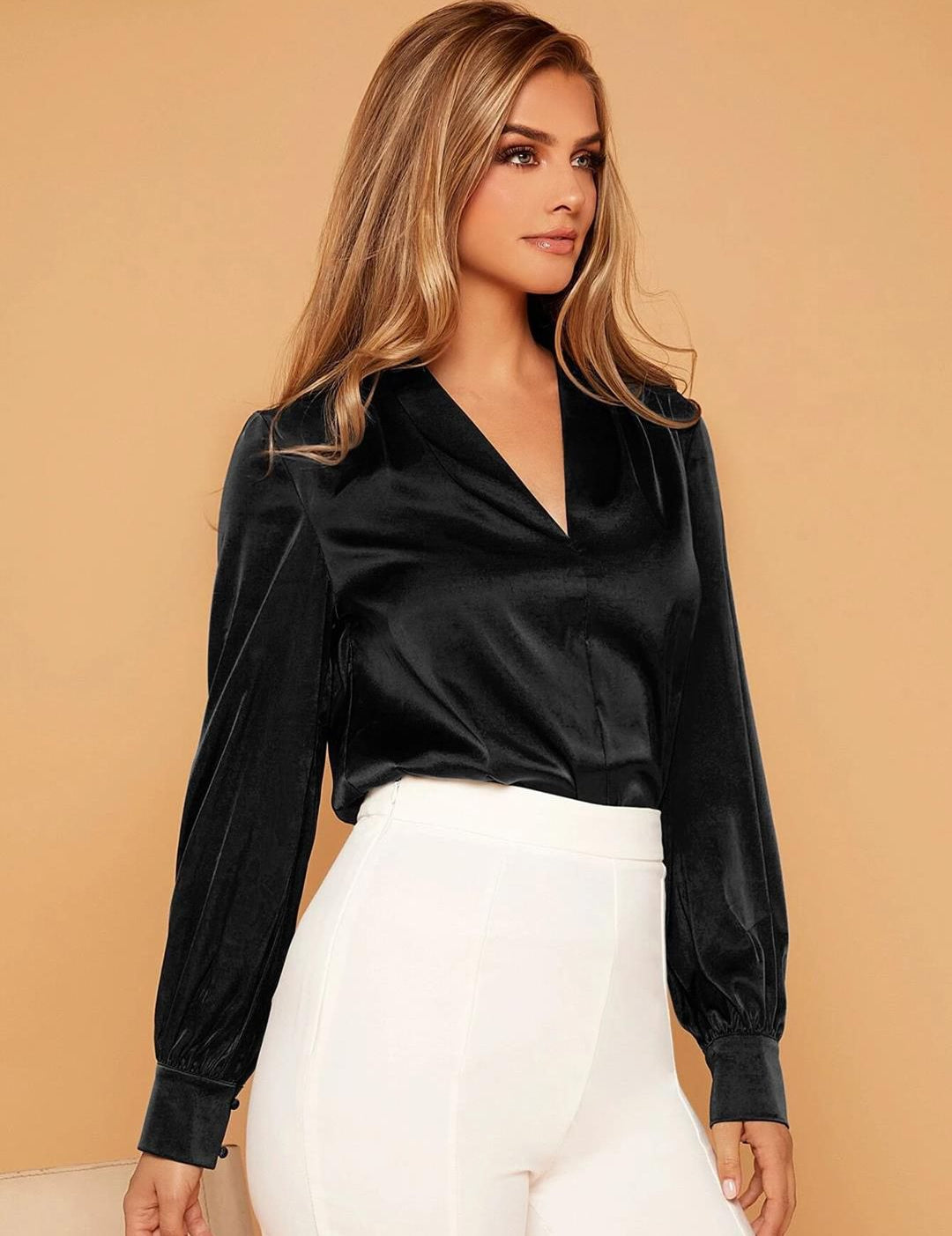 Kotty Black V-Neck Cuffed Sleeve Satin Top