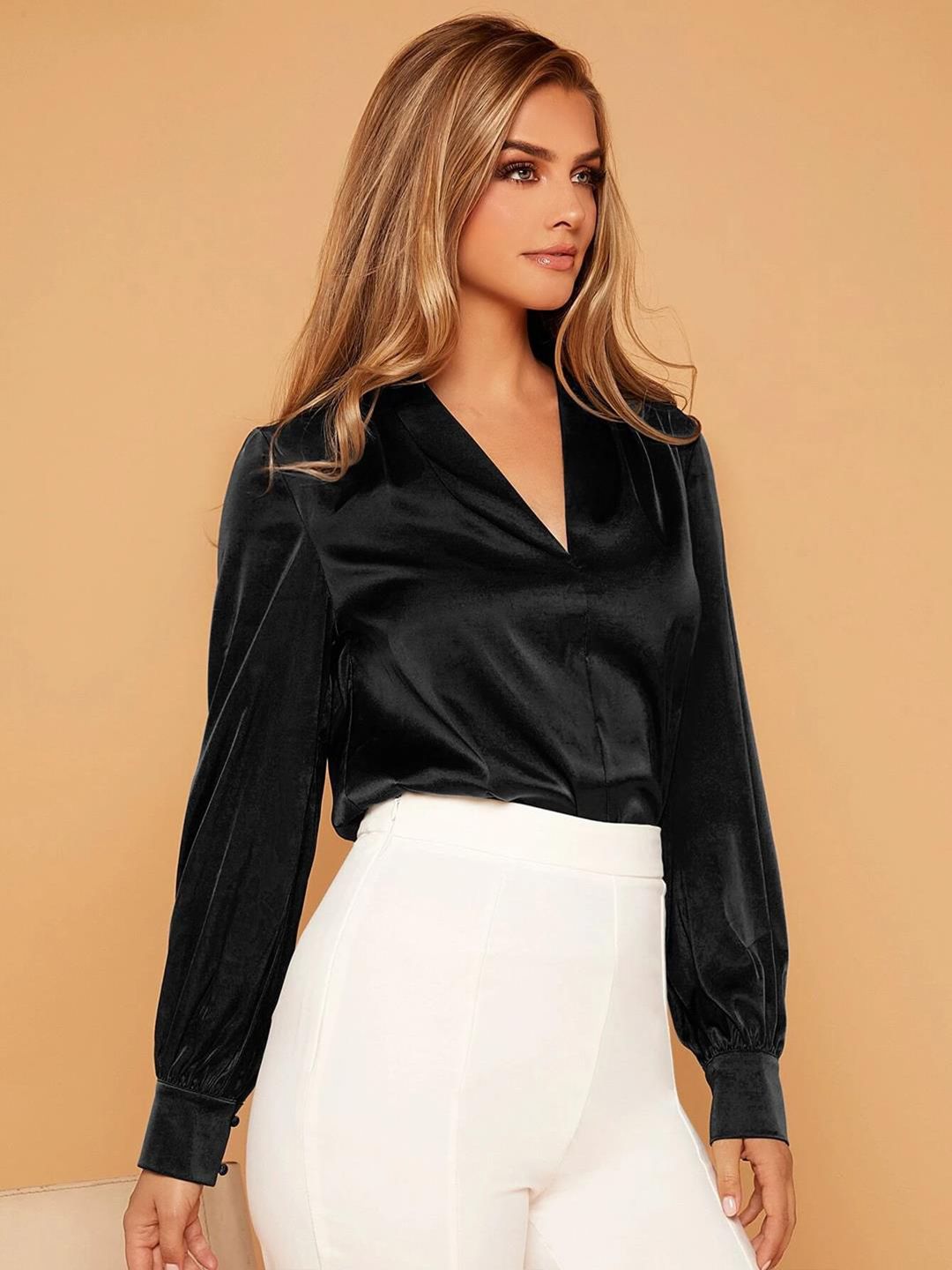 Kotty Black V-Neck Cuffed Sleeve Satin Top
