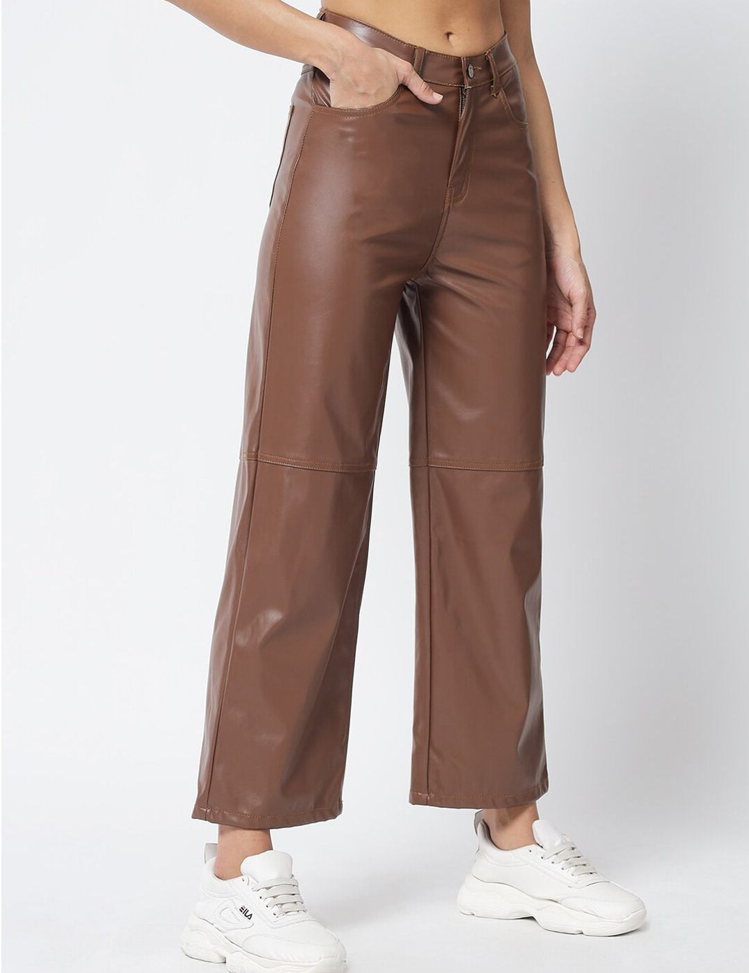 Kotty Women Brown Relaxed Straight Fit Cropped PU Leather Parallel Trousers