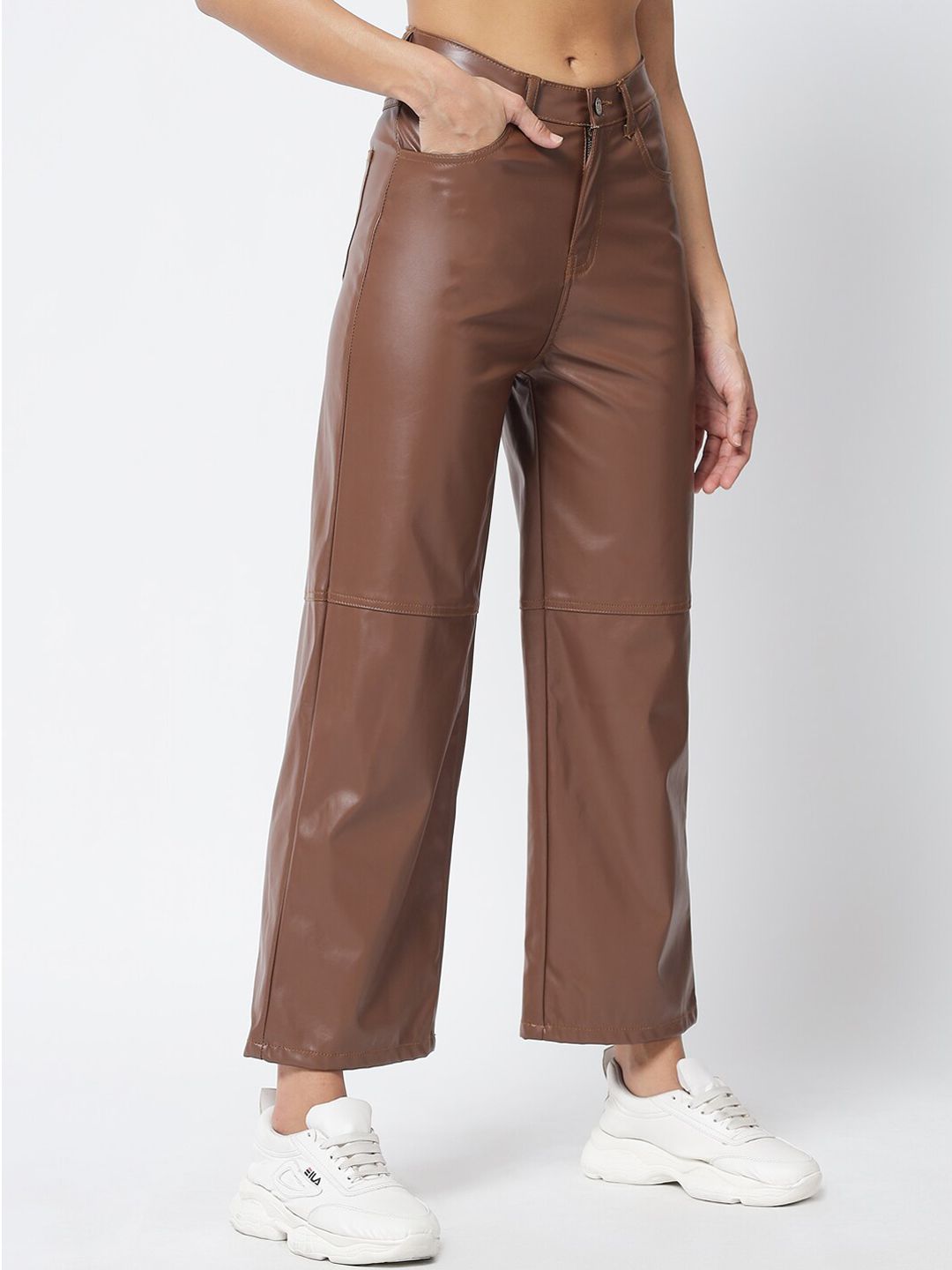 Kotty Women Brown Relaxed Straight Fit Cropped PU Leather Parallel Trousers