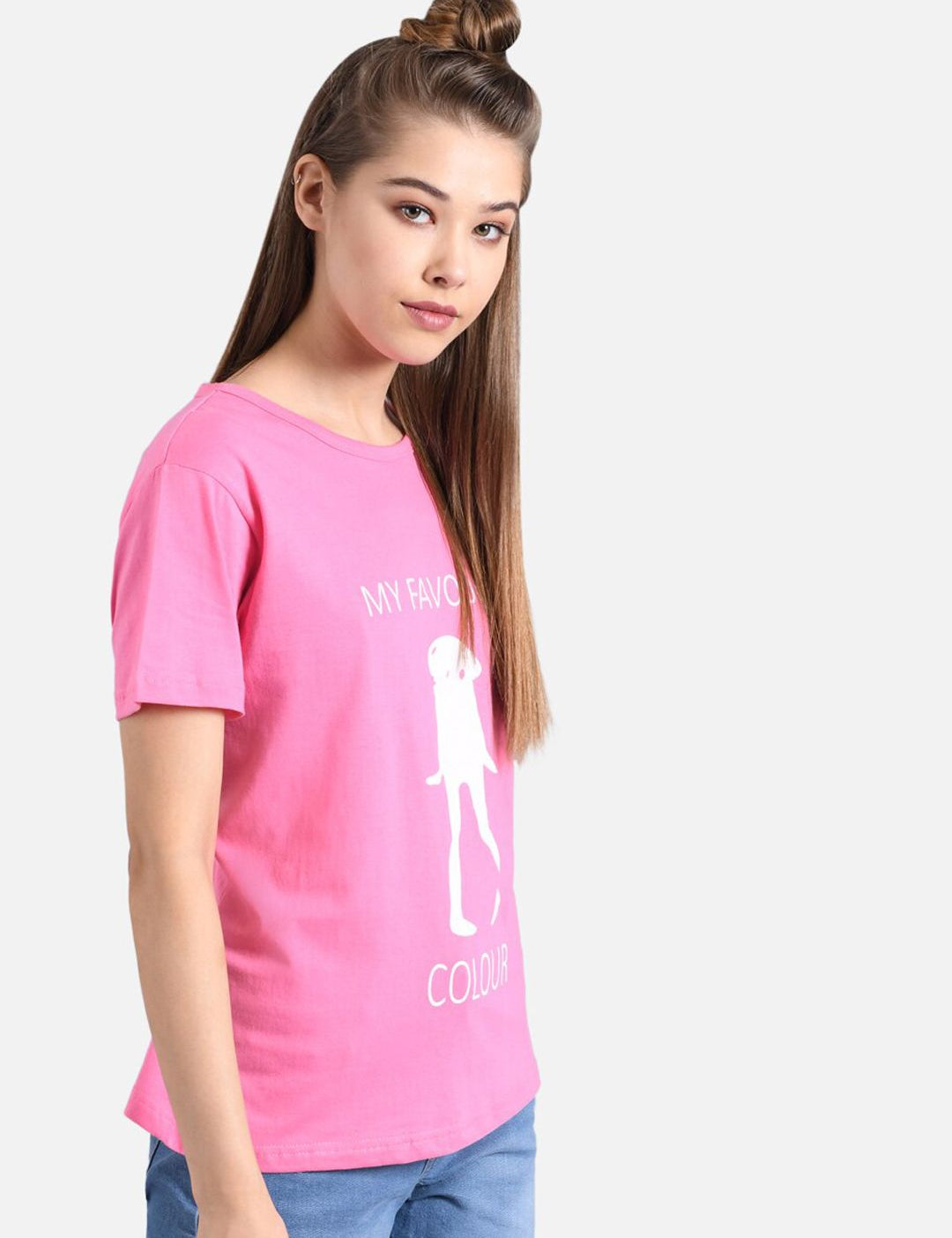 Kotty Women Pink & White Printed Round Neck T-shirt