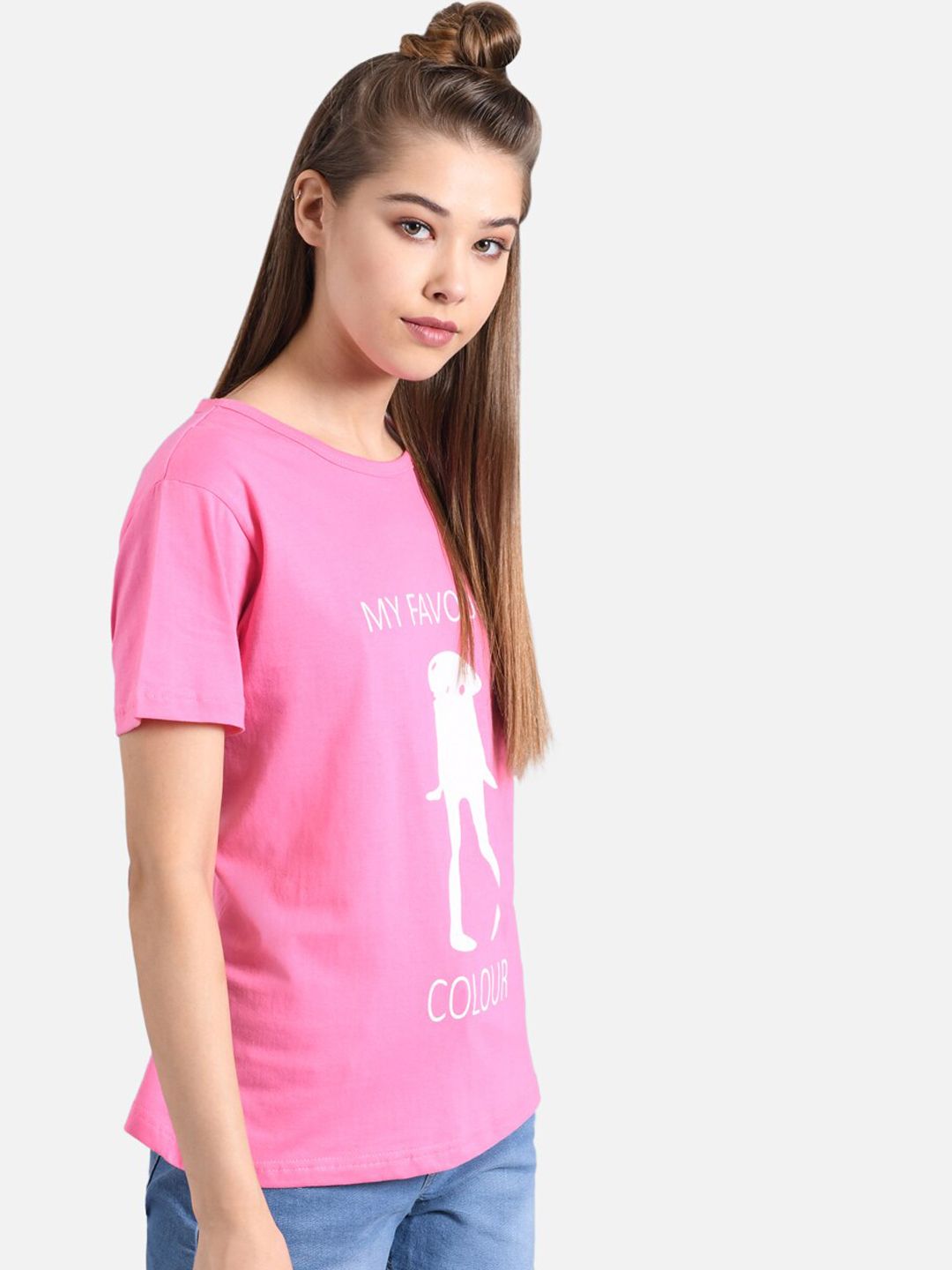 Kotty Women Pink & White Printed Round Neck T-shirt