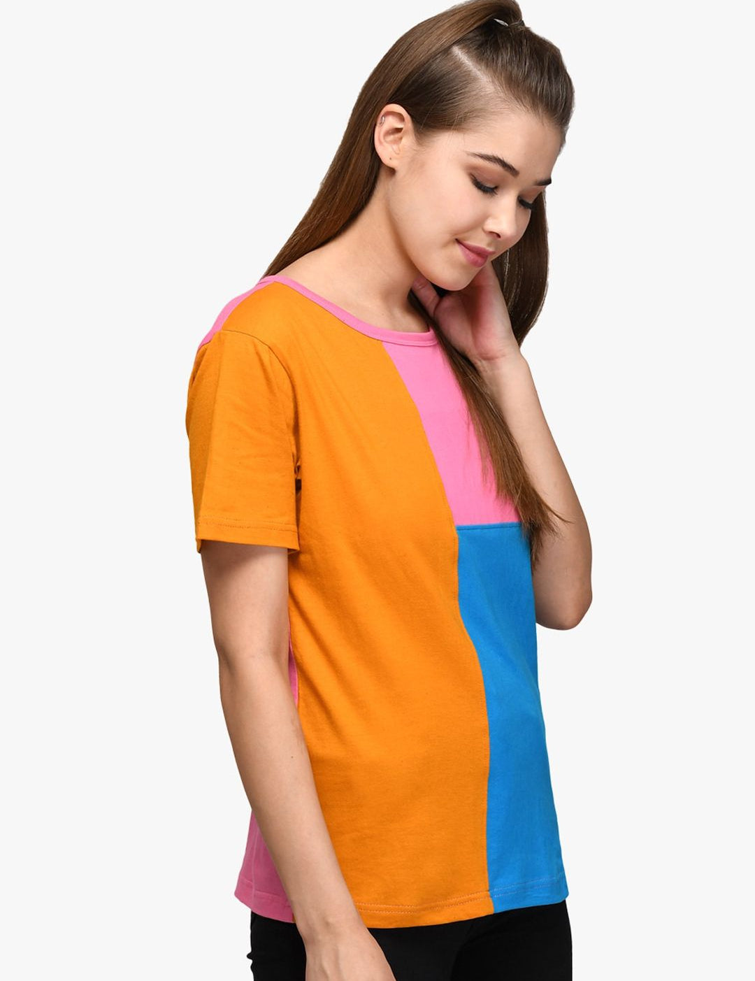 Kotty Women Orange & Blue Colourblocked Round Neck T-shirt