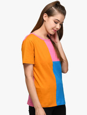 Kotty Women Orange & Blue Colourblocked Round Neck T-shirt