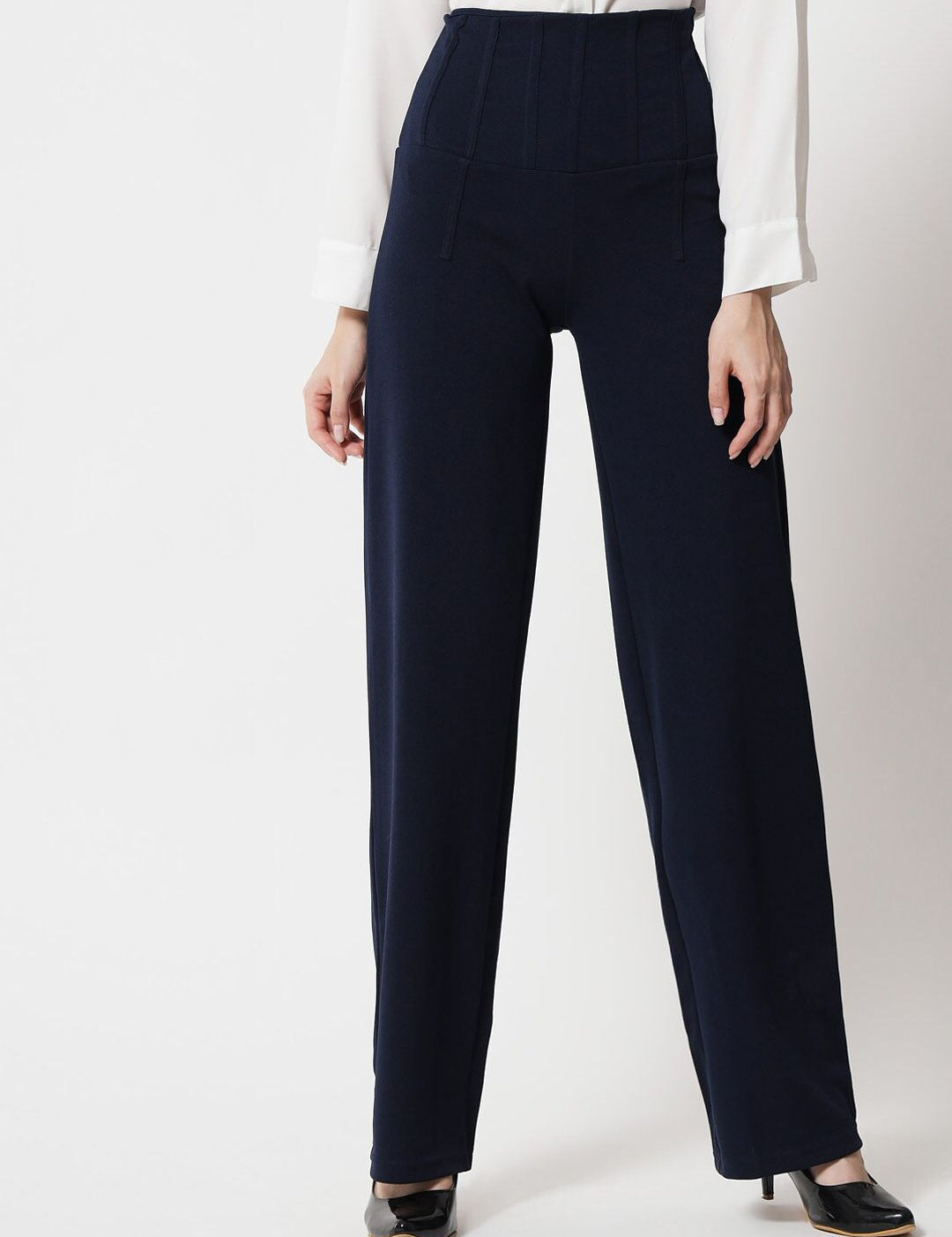 Kotty Women Navy Blue Relaxed Straight Fit High-Rise Easy Wash Trousers