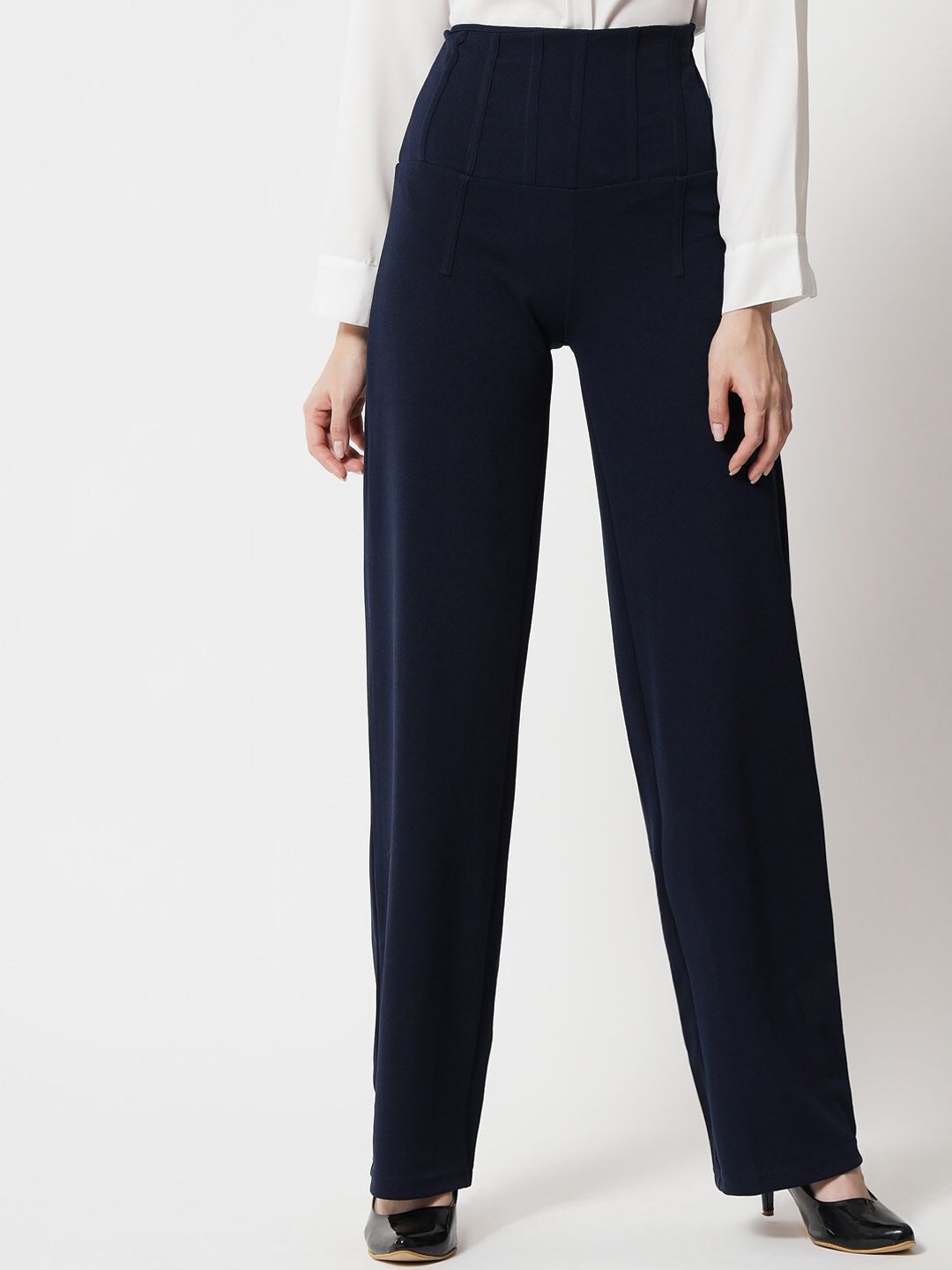Kotty Women Navy Blue Relaxed Straight Fit High-Rise Easy Wash Trousers