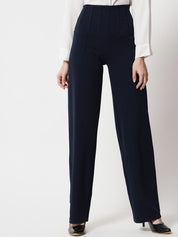 Kotty Women Navy Blue Relaxed Straight Fit High-Rise Easy Wash Trousers