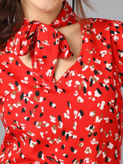 Kotty Red Floral Printed Tie-Up Neck Puff Sleeve Crepe Top
