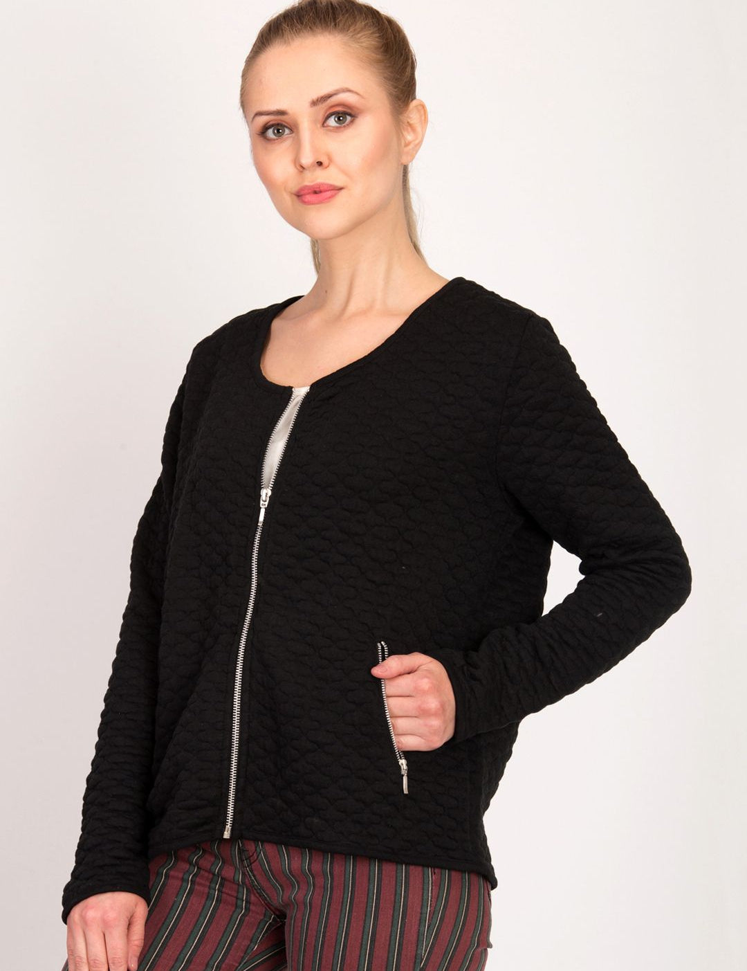 Kotty Women Black Self Design Open Front Jacket