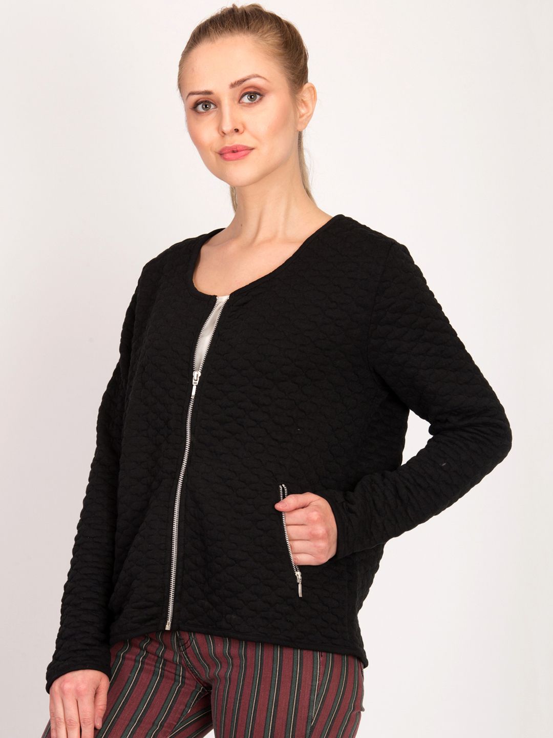 Kotty Women Black Self Design Open Front Jacket