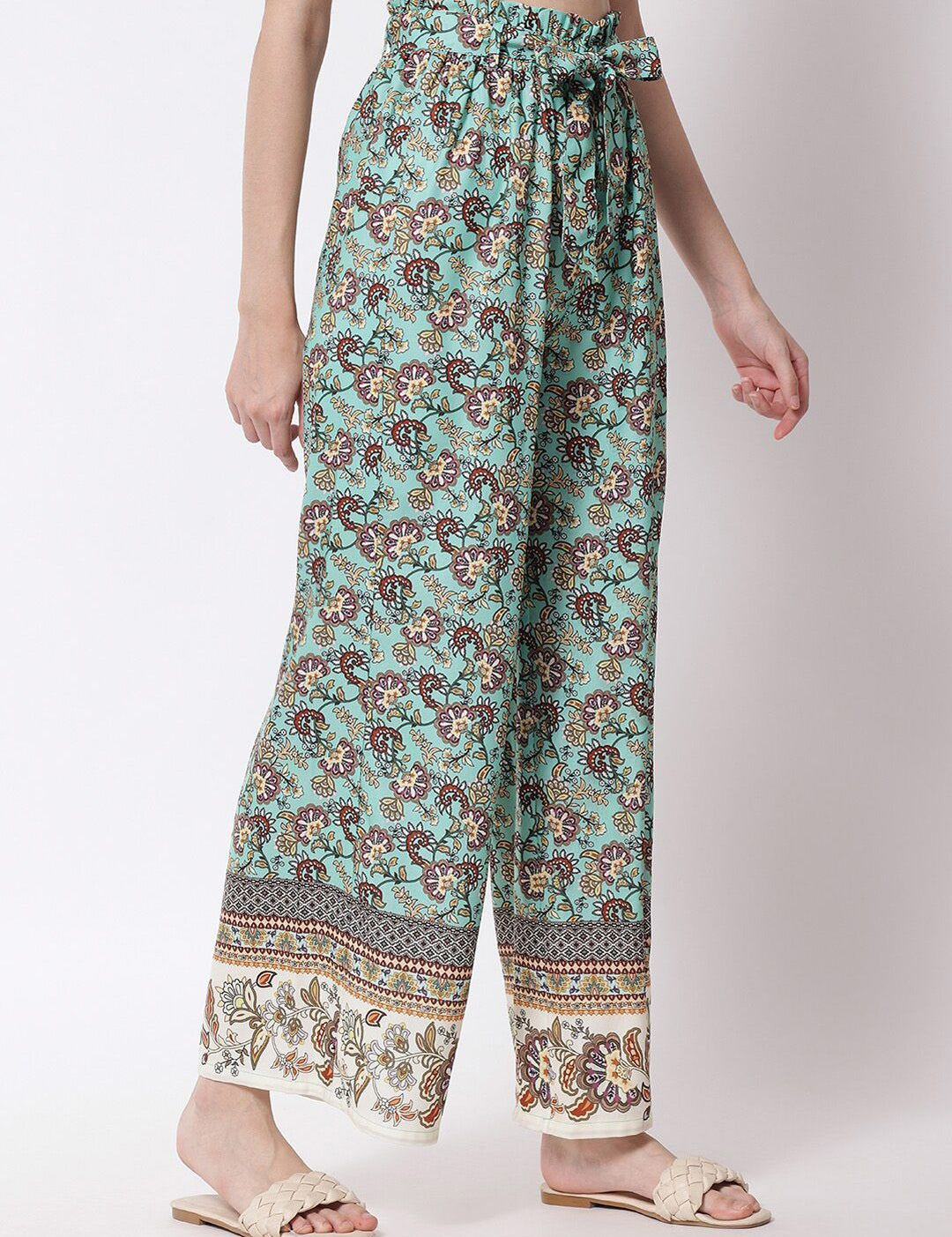 Kotty Women Green and Brown Floral Printed Relaxed Flared High-Rise Trousers
