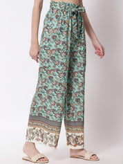 Kotty Women Green and Brown Floral Printed Relaxed Flared High-Rise Trousers