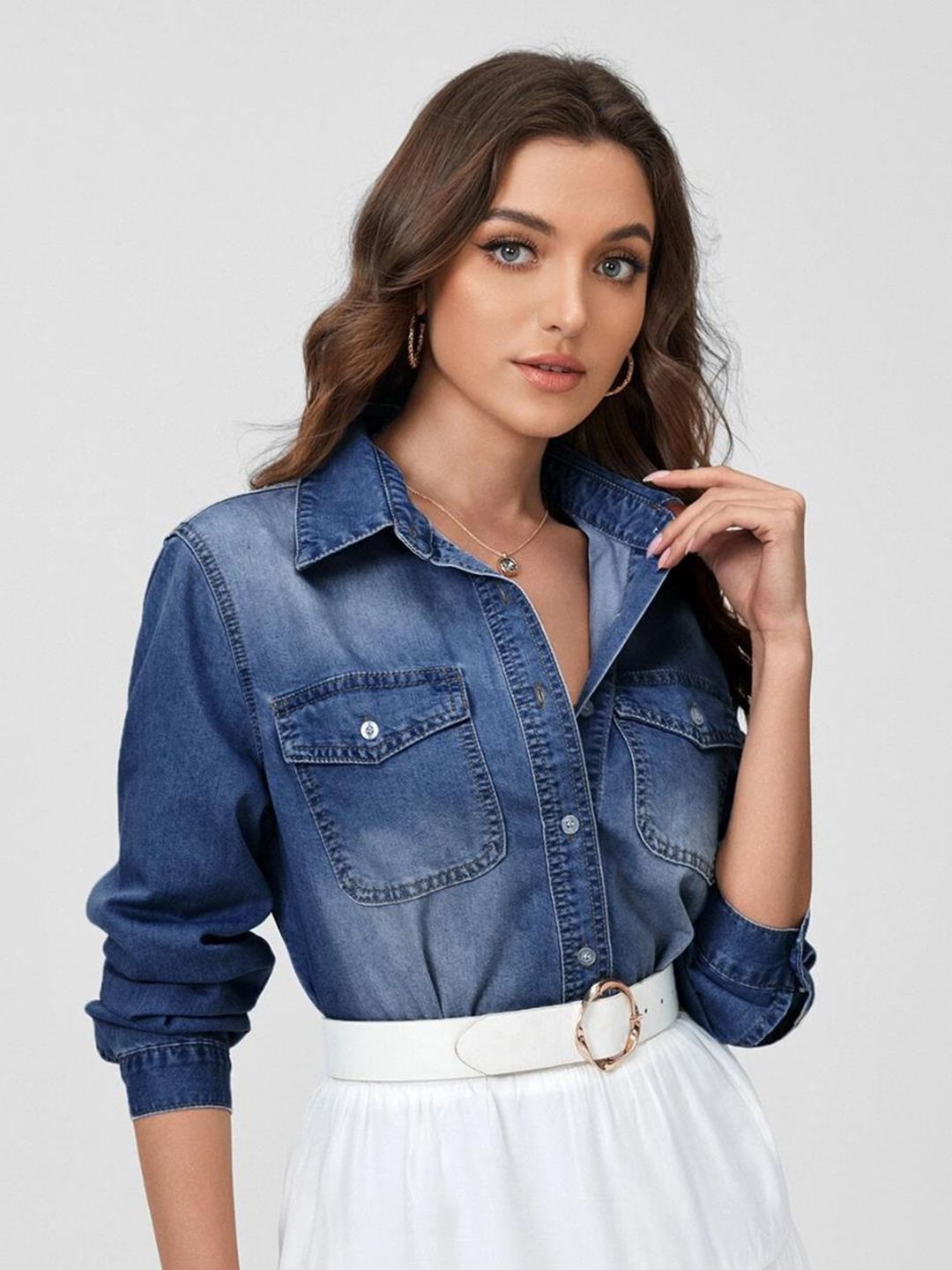 Kotty Blue Relaxed Faded Spread Collar Casual Shirt