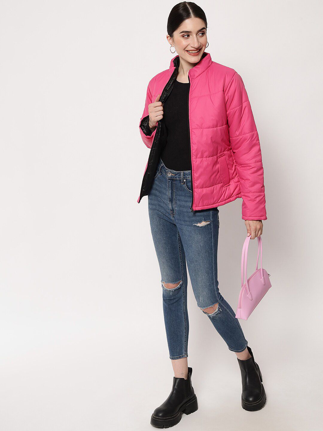 Kotty Women Pink Solid Polyester Puffer Jacket