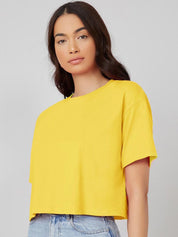 Kotty Round Neck Drop-Shoulder Sleeves Oversized Crop T-shirt 
