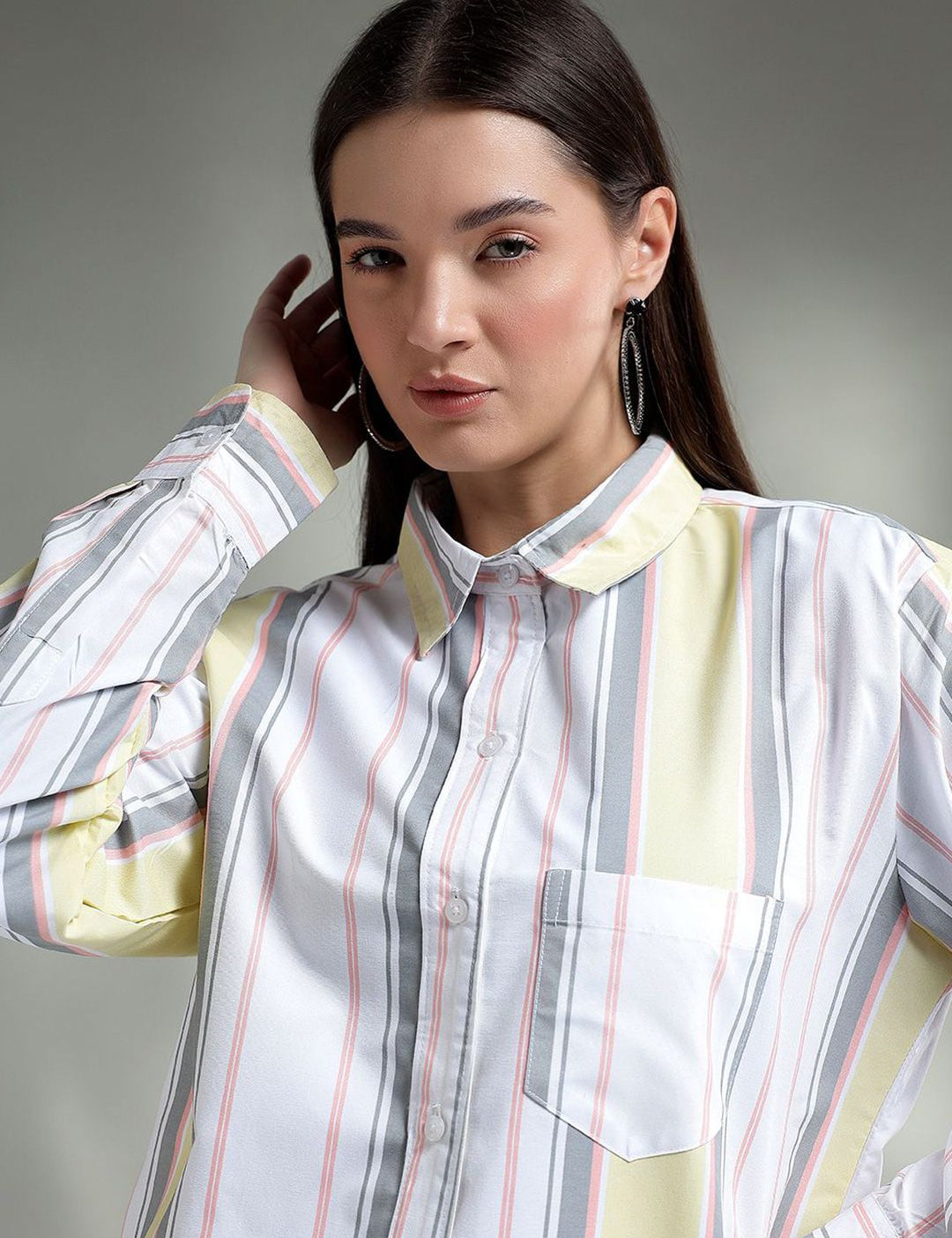 Kotty Women Spread Collar Vertical Striped Cotton Oversized Casual Shirt