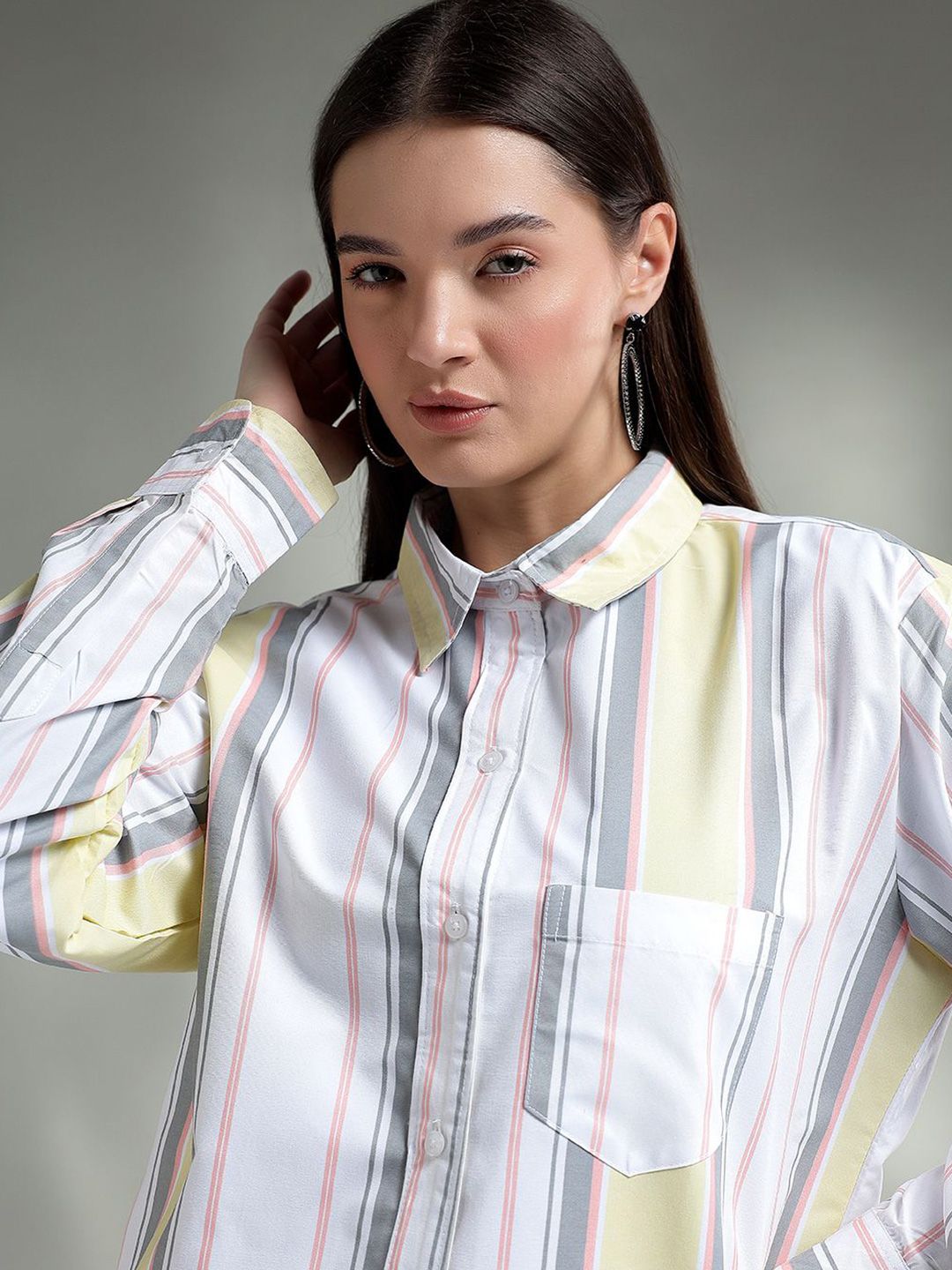 Kotty Women Spread Collar Vertical Striped Cotton Oversized Casual Shirt