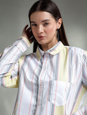Kotty Women Spread Collar Vertical Striped Cotton Oversized Casual Shirt