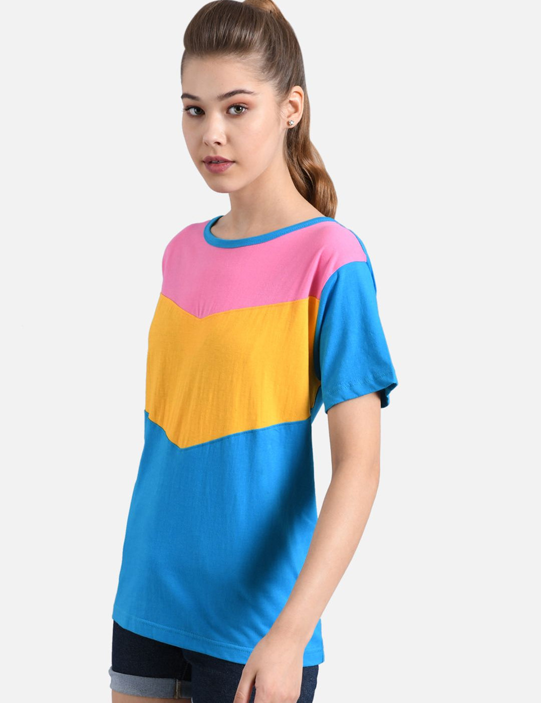 Kotty Women Blue & Yellow Colourblocked Round Neck T-shirt