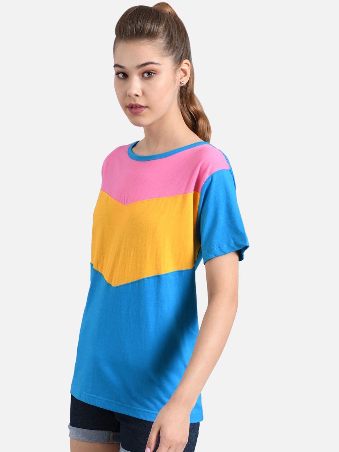 Kotty Women Blue & Yellow Colourblocked Round Neck T-shirt