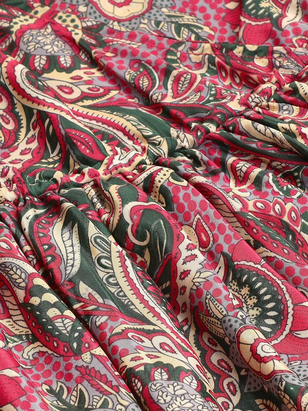 Kotty Green & Pink Ethnic Motifs Printed V-Neck Crepe Fit & Flare Dress