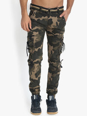 Kotty Men Olive Green & Beige Regular Fit Camouflage Printed Cargos