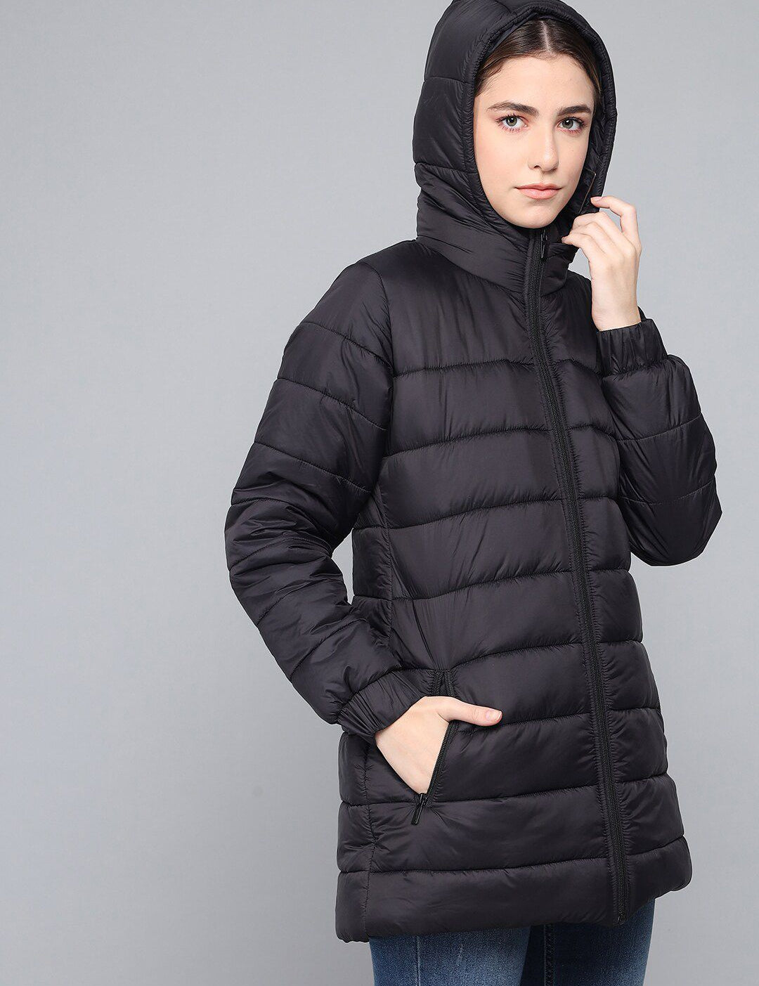 Kotty Women Black Longline Outdoor Puffer Jacket