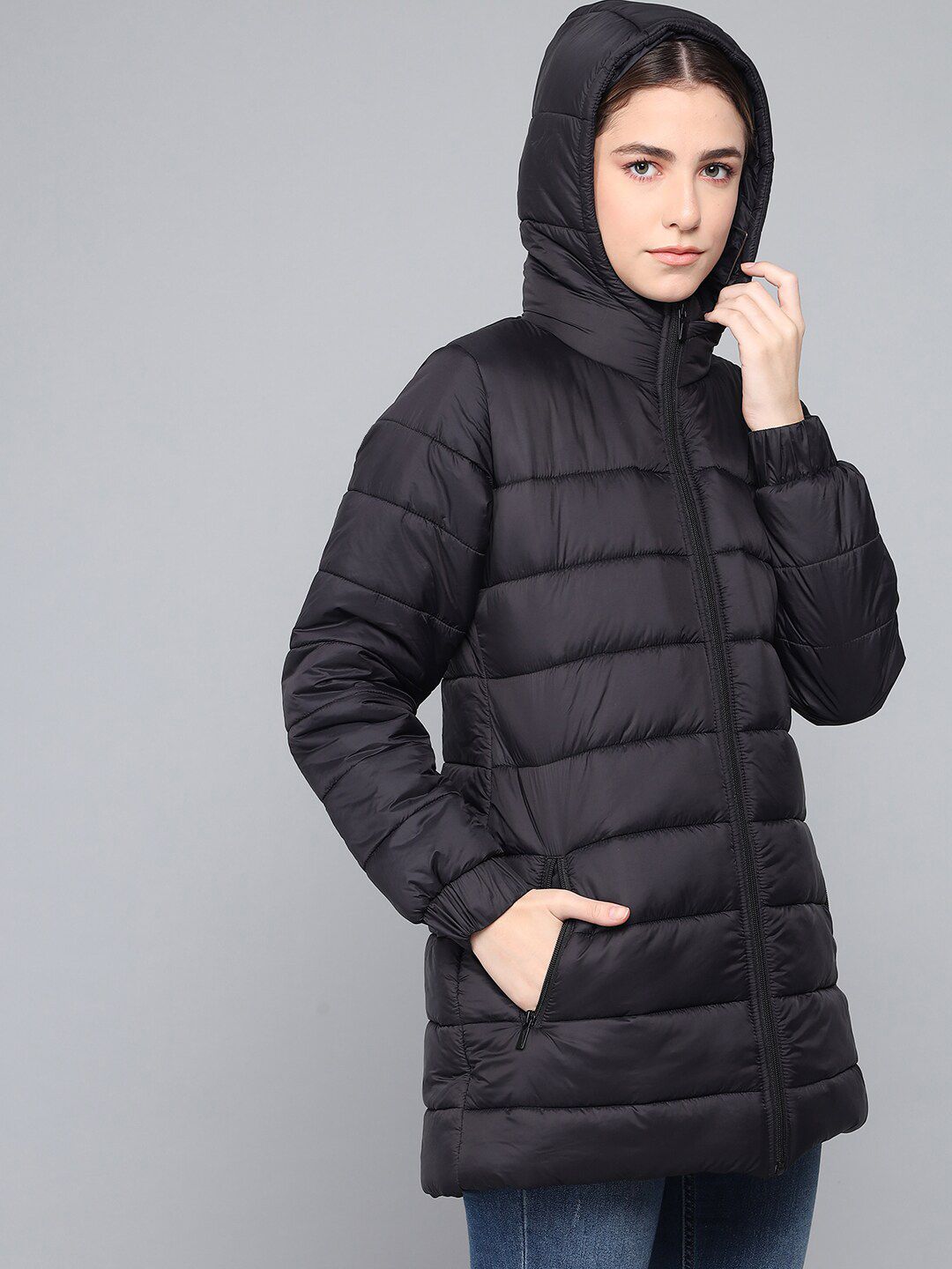 Kotty Women Black Longline Outdoor Puffer Jacket