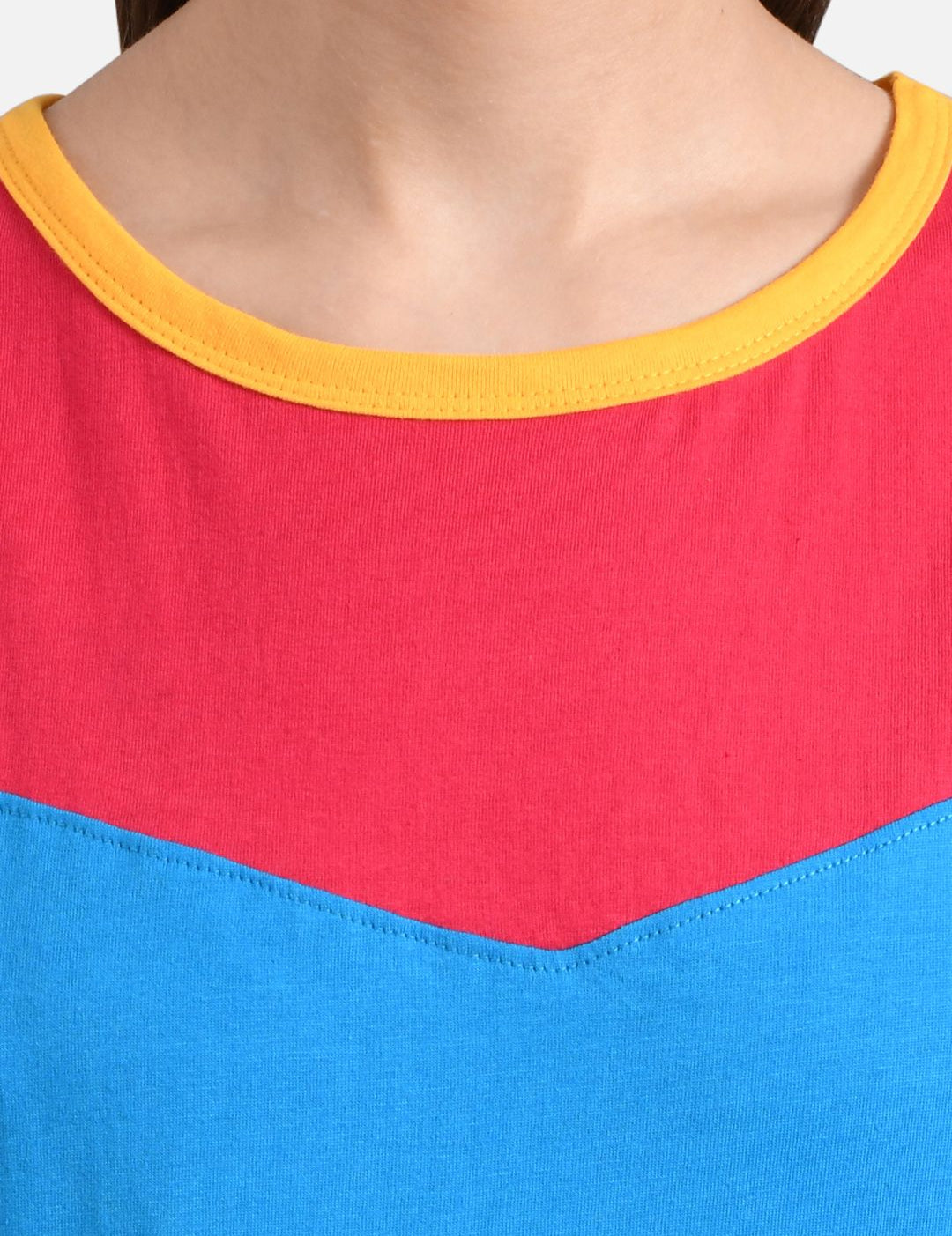 Kotty Women Yellow & Blue Colourblocked Round Neck T-shirt