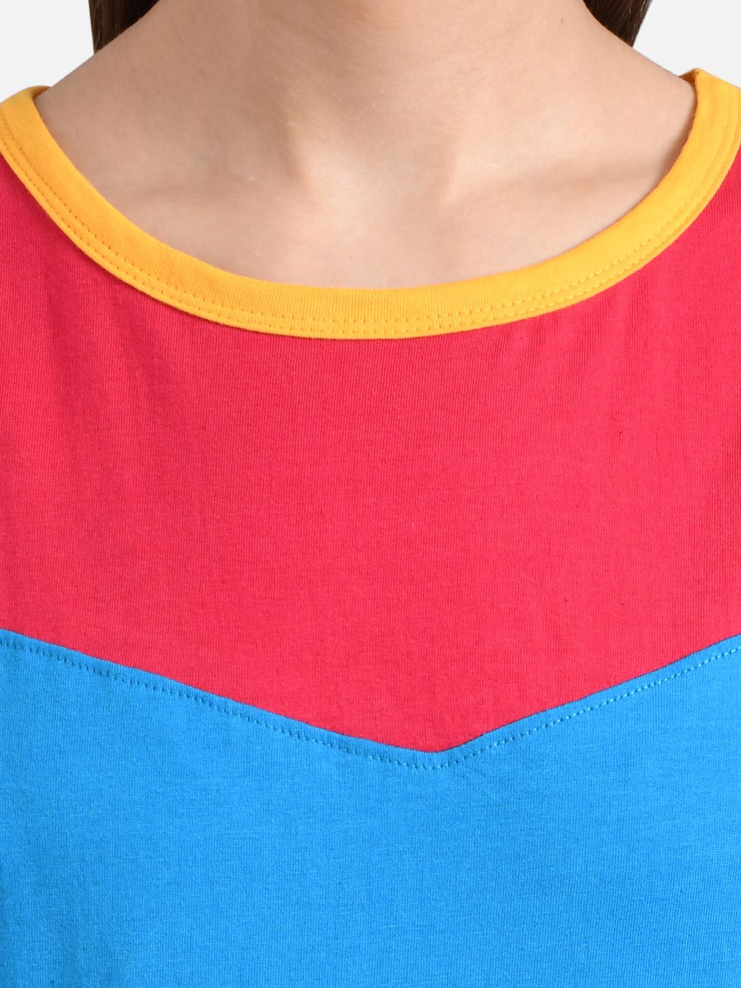 Kotty Women Yellow & Blue Colourblocked Round Neck T-shirt