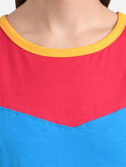 Kotty Women Yellow & Blue Colourblocked Round Neck T-shirt