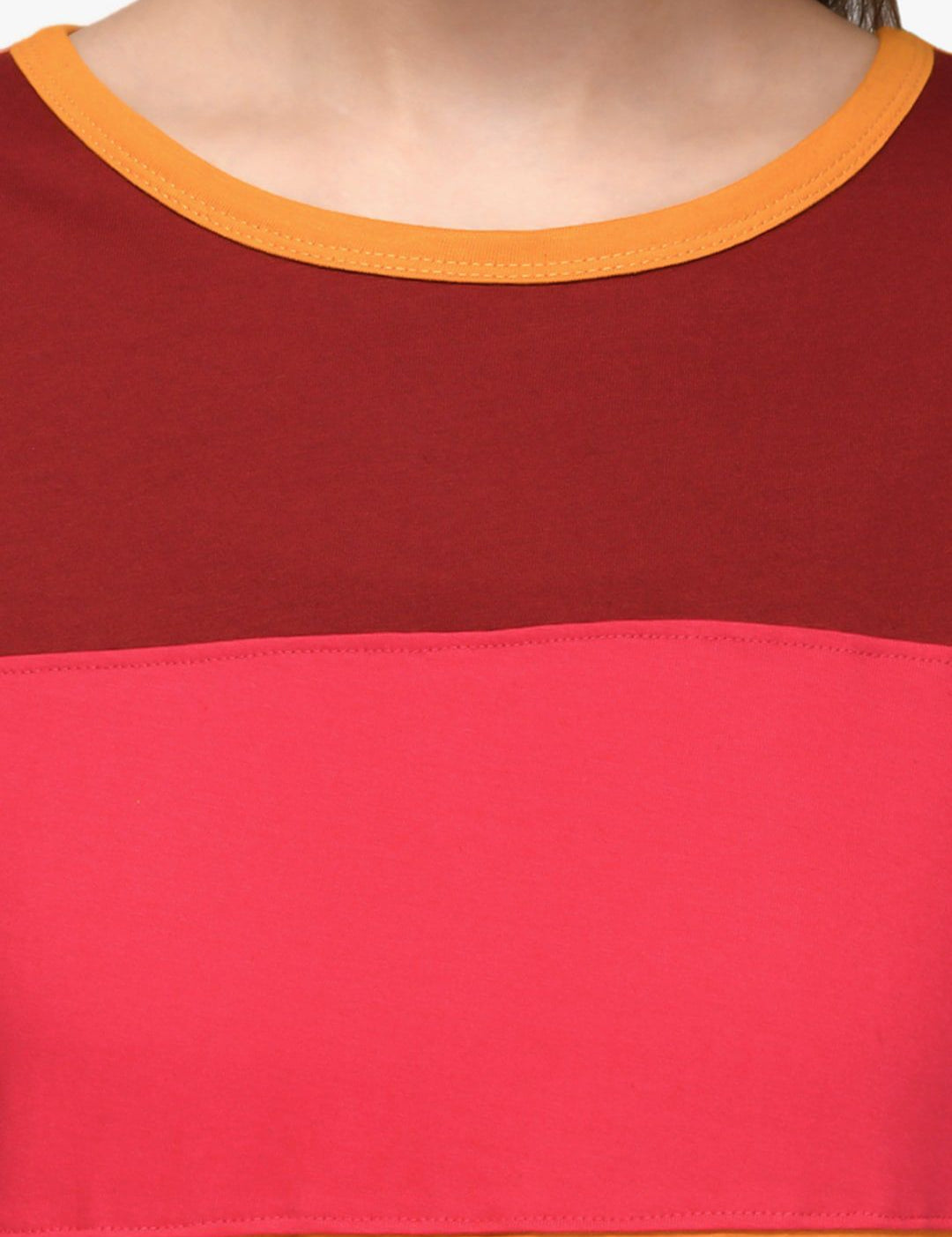 Kotty Women Maroon & Yellow Colourblocked Round Neck T-shirt