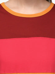 Kotty Women Maroon & Yellow Colourblocked Round Neck T-shirt