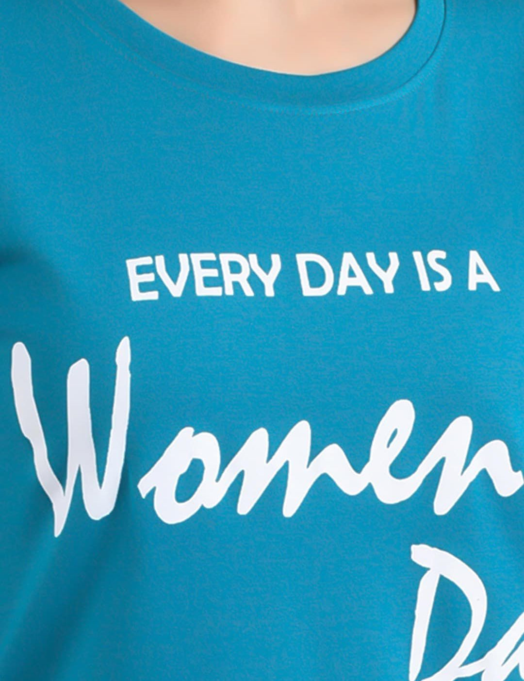 Kotty Women Turquoise Blue Printed Round Neck T-shirt