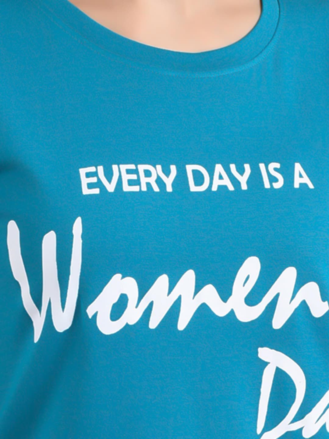 Kotty Women Turquoise Blue Printed Round Neck T-shirt