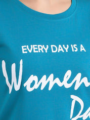 Kotty Women Turquoise Blue Printed Round Neck T-shirt