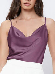 Kotty Purple Cowl Neck Shoulder Straps Satin Top