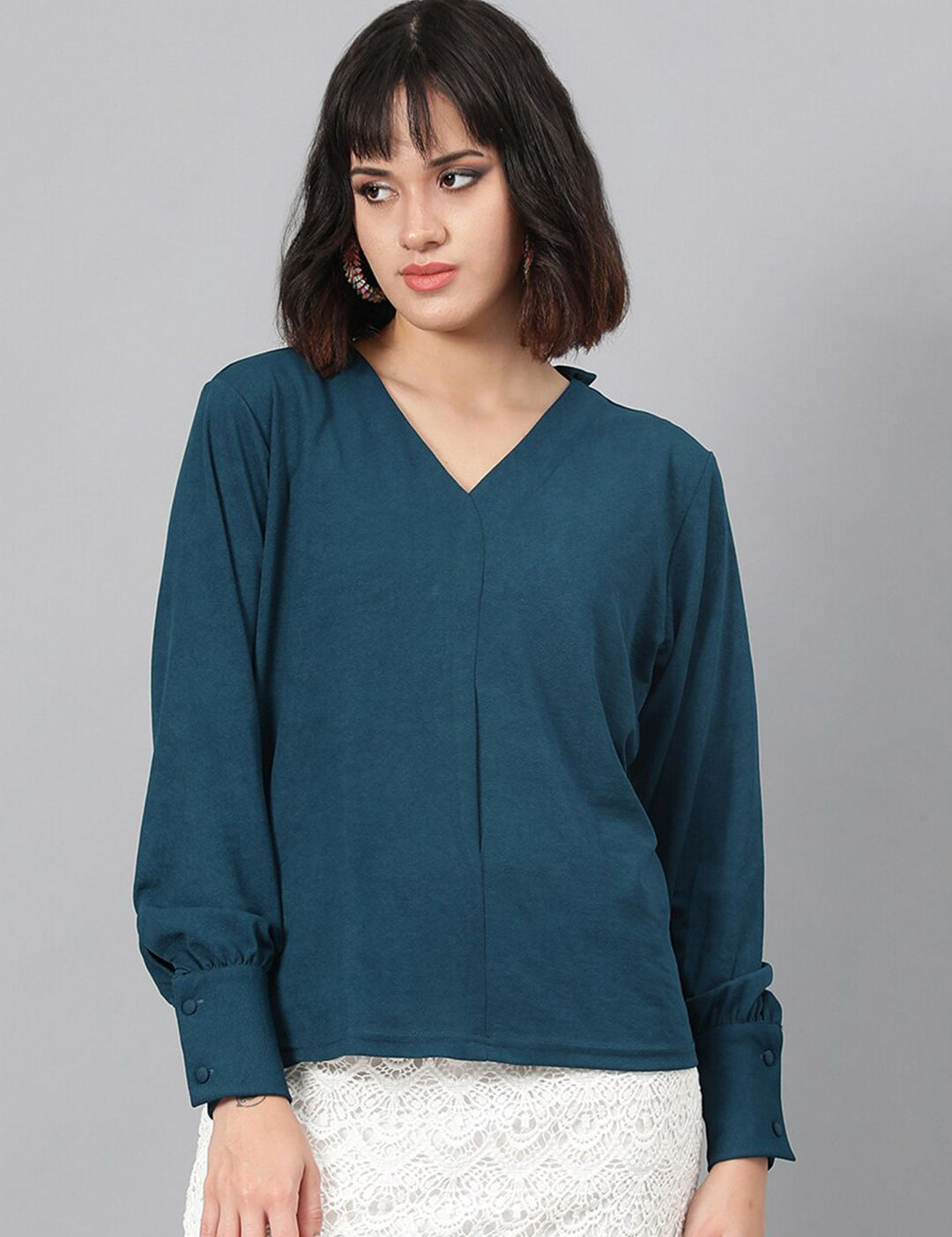 Kotty Green V-Neck Cuffed Sleeves Top