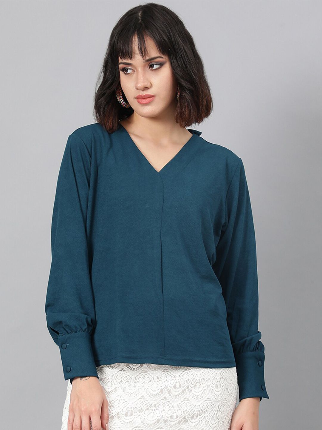 Kotty Green V-Neck Cuffed Sleeves Top