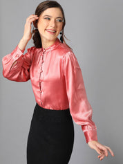 Kotty Pink Cuffed Sleeves Satin Shirt Style Top