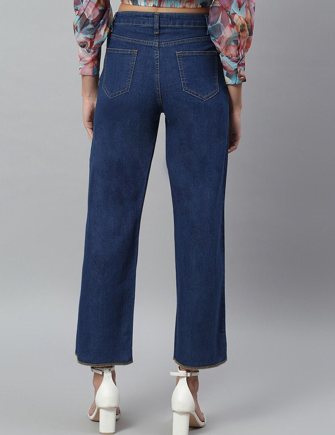 Kotty Women Blue Solid Cotton High Rise Crop Flared Jeans